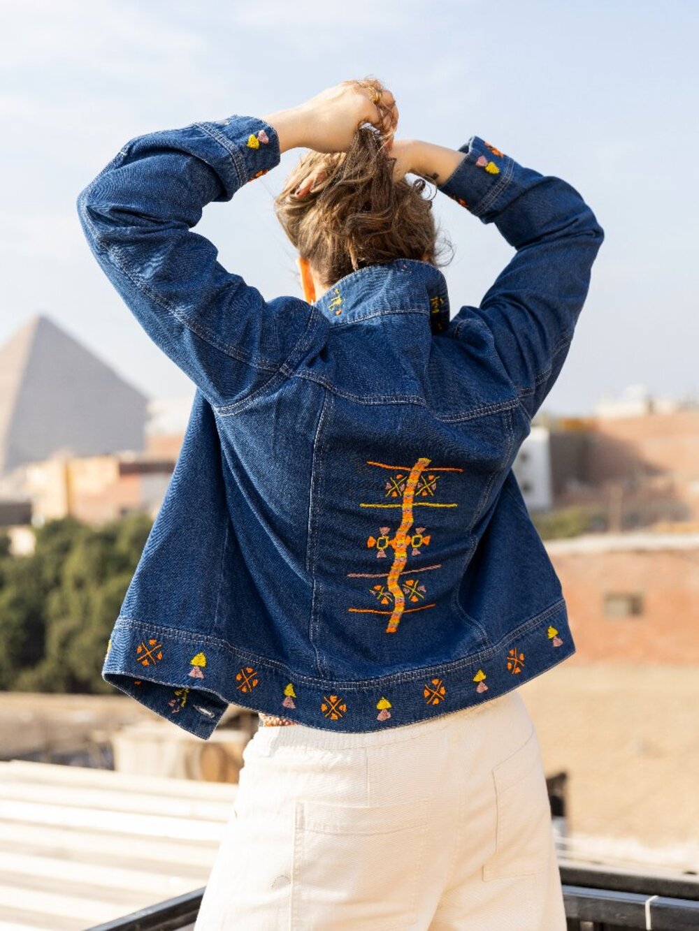 Women's Handmade Egyptian Embroidered Denim Jacket - Siwa-Inspired Casual Blue J